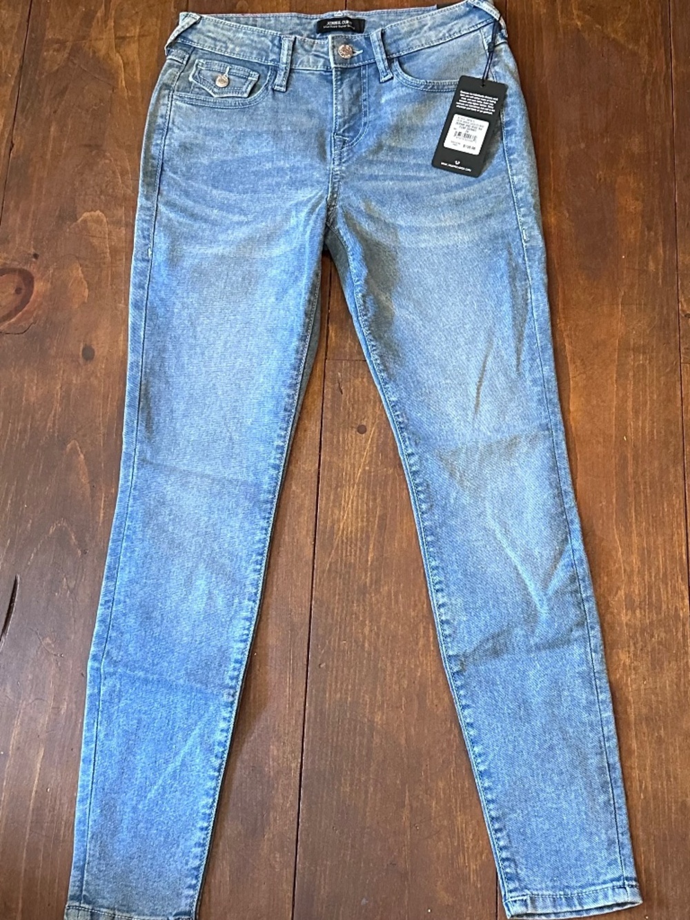NWT True Religion Jennie Mid rise SN Flap Blue SUPER SKINNY SZ 26